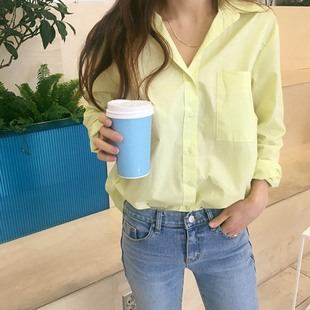 春秋新款柠檬黄长袖衬衫女韩范宽松BF显瘦全棉衬衣上衣打底衫学生
