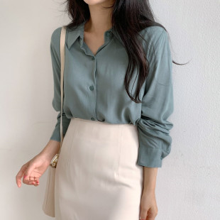 女春夏款 绿色雪纺衬衫 垂感防晒显瘦打底衬衣小众气质上衣 长袖 新款