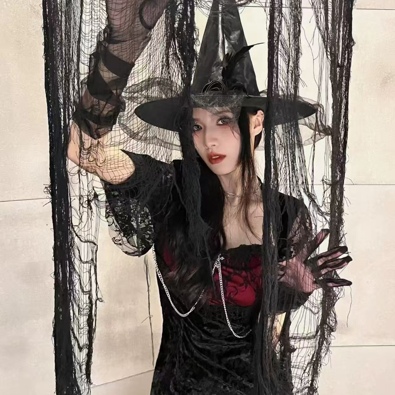 万圣节cos女巫哥特风蕾丝连衣裙