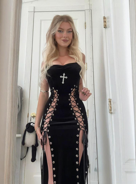 哥特风性感高开叉绑带连衣裙辣妹收腰显瘦包臀长裙