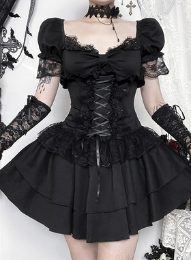 希与哥特风黑色蕾丝连衣裙女短袖绑带收腰蓬蓬裙万圣节穿搭辣妹裙
