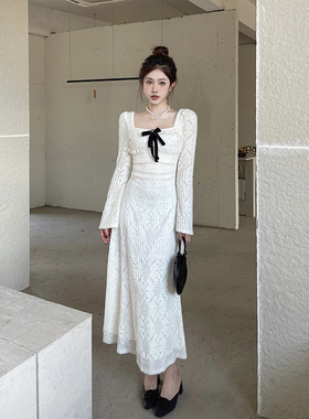 希与studio 法式白色蕾丝拼接蝴蝶结连衣裙秋季收腰复古气质长裙
