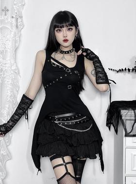 万圣节服装哥特朋克打歌服背心亚文化电音节穿搭y2k黑色辣妹上衣