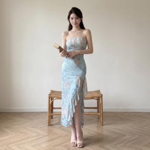 KaDaiShan新中式蓝色印花抹胸连衣裙女性感开叉气质度假风长裙