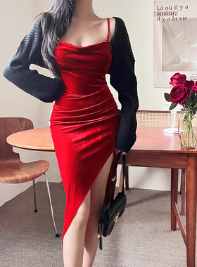 希与studio丝绒吊带裙生日战袍礼服修身包臀裙性感开叉红色连衣裙