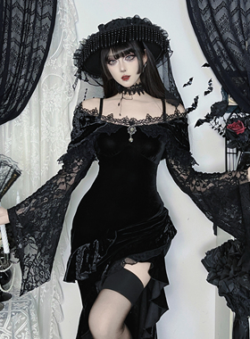 希与studio哥特风暗黑丝绒宝石吊坠开叉鱼尾连衣裙亚文化辣妹长裙