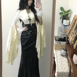 半裙套装 希与studio哥特中世纪宫廷风长袖 V领褶皱上衣亚文化衬衫