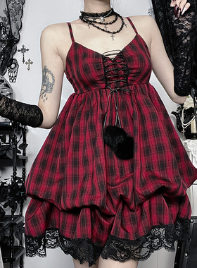 希与STUDIO暗黑风蕾丝吊带格子连衣裙女不规则下摆收腰显瘦哥特裙