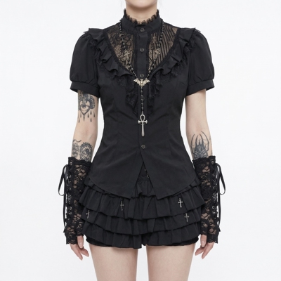 哥特风黑色蕾丝泡泡袖衬衫女