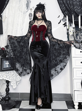 希与STUDIO万圣节华丽哥特立体蕾丝花朵罩衫女套装亚比包臀鱼尾裙