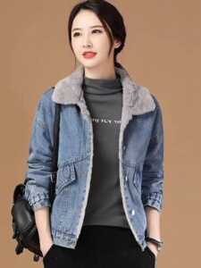 加绒加厚牛仔外套女2023年秋冬新款韩版宽松刺绣保暖棉衣夹克上衣