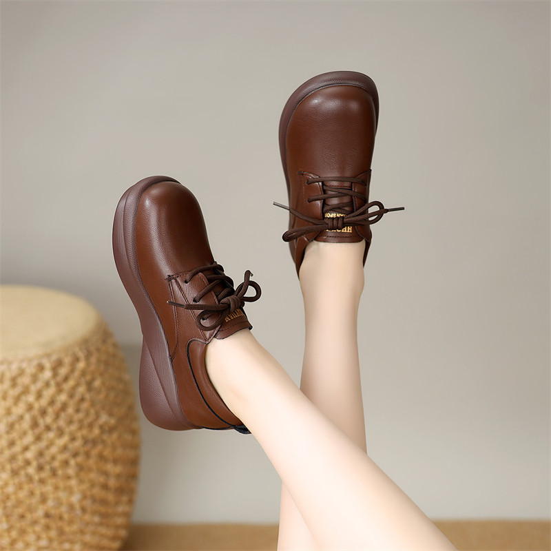 厚底松糕乐福鞋女春秋新款真皮圆头系带单鞋英伦复古中老年妈妈鞋,女鞋,深口单鞋,淘宝优惠券,粉丝福利购,淘宝优惠卷