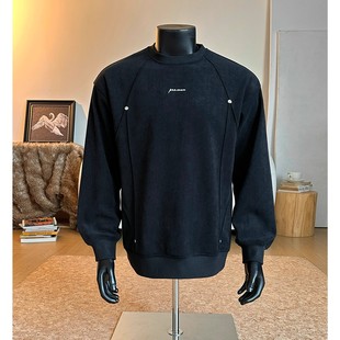 美式解构铆钉加绒卫衣男款冬季潮牌宽松加厚打底男士正肩内搭上衣