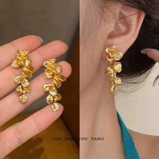 鎏金岁月 复古高级感叶子流苏耳环新娘结婚耳饰无耳洞耳夹 新中式