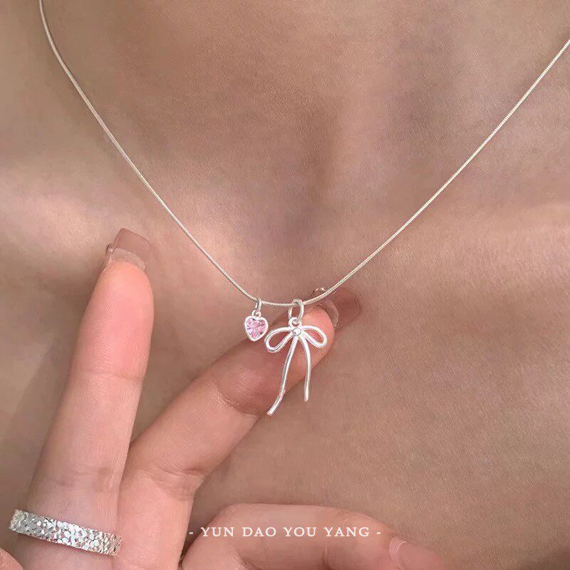 芭蕾少女！韩国ins粉色爱心锆石蝴蝶结蛇骨链温柔甜美百搭项链女~