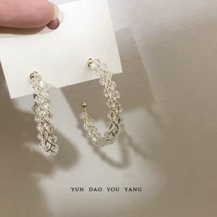 安娜S同款 韩国东大门人鱼水晶编织C字耳环精致闪闪水晶耳圈耳钉
