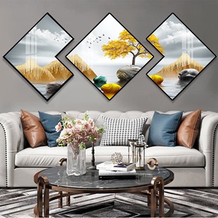 饰画晶瓷铝合金有框画菱形组合挂画抽象 现代轻奢客厅沙发背景墙装