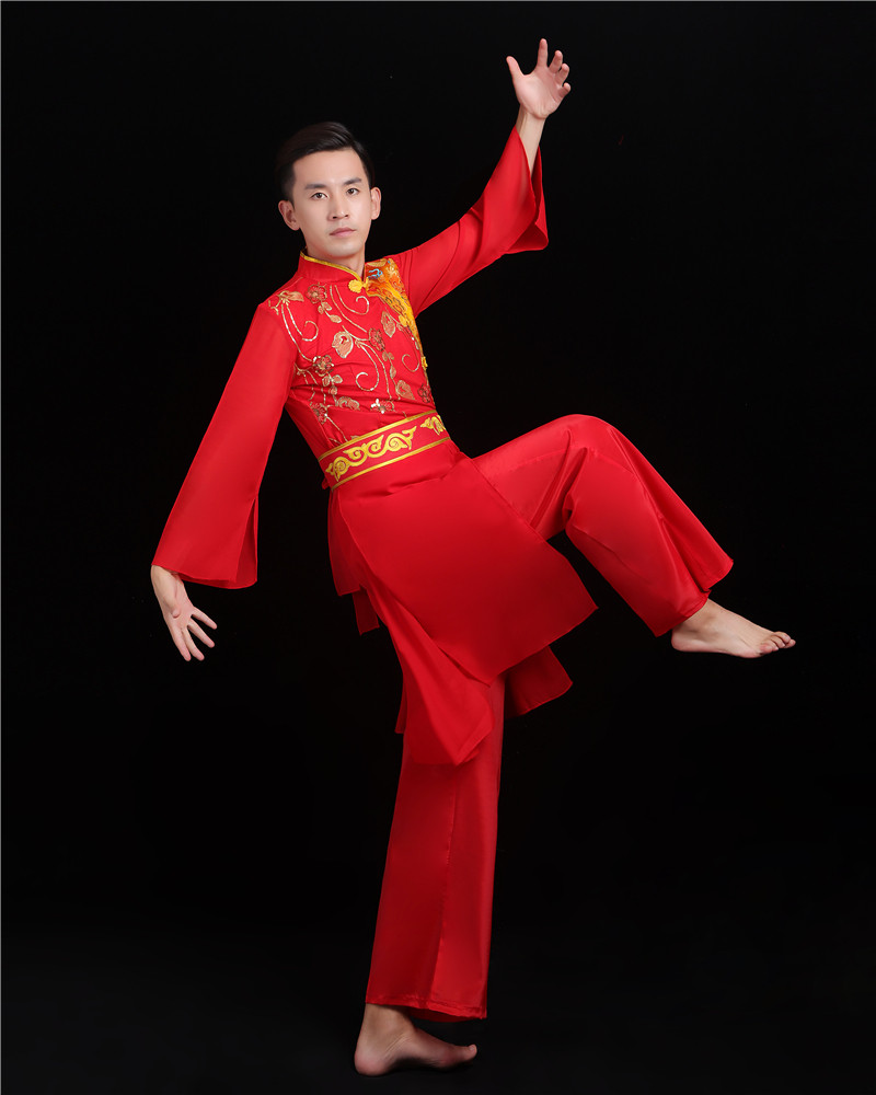 男士腰鼓打鼓服装红色开场舞古典演出服中国风喜庆秧歌舞蹈表演服