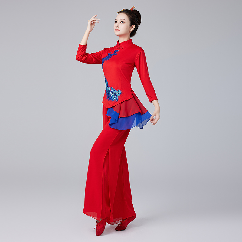 2024新款红色喜庆打鼓服女弹力扇子舞演出服开门红东北秧歌舞蹈服
