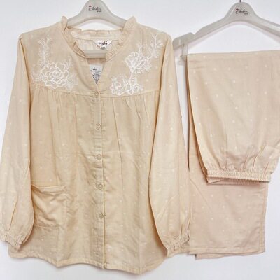 伊丝芬新品睡衣32045 春秋季纯棉纱布蕾丝长袖睡衣家居服套装女士