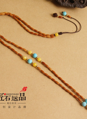 橄榄核蜜蜡绿松石挂件绳佛牌链