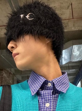 thug club 24FW秋冬针织长毛绒帽黑色男女同款显脸小保暖护耳冷帽