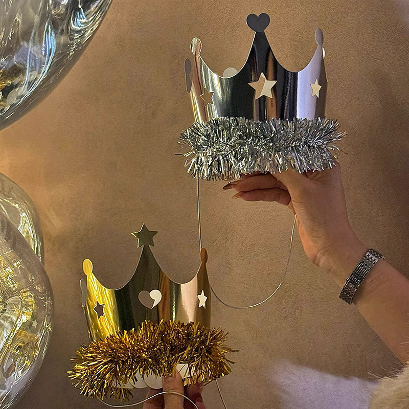网红金色银色流苏皇冠生日帽女孩成人生日烘焙蛋糕场景布置头饰品