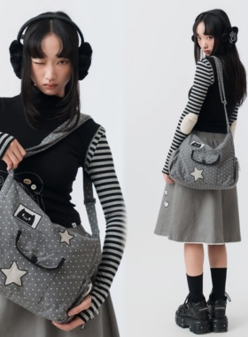 sixthdimension波点星星贴布单肩包大容量斜挎包可爱猫咪装饰包