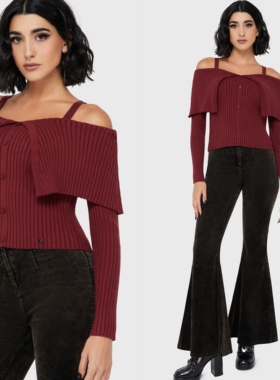 Killstar露肩针织衫女坑条显瘦长袖纽扣设计感小众修身短款上衣