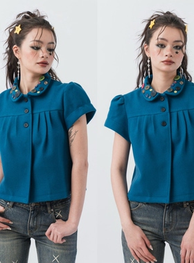 sixthdimension湖蓝色娃娃领短袖衬衫彩色纽扣泡泡袖复古短款上衣