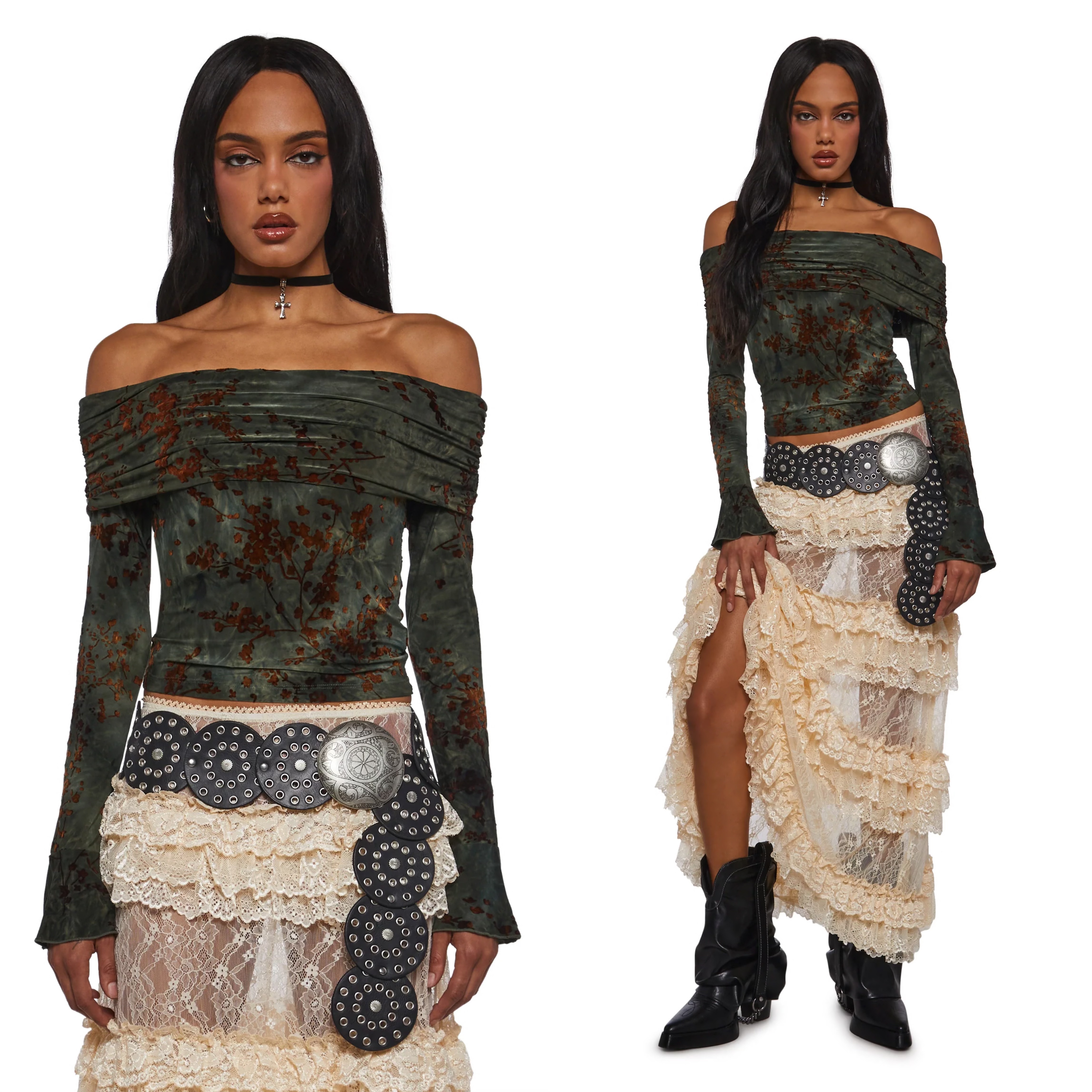 复古暗黑风一字肩丝绒上衣