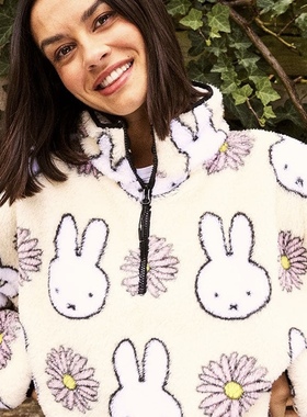 Skinnydip米菲兔Miffy仿羊羔绒卫衣女秋冬半拉链满印卡通上衣