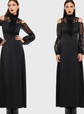 Killstar蕾丝露肩连衣裙女荷叶边拼接长袖暗黑哥特风收腰显瘦长裙