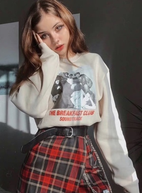 Minga复古美式印花卫衣 慵懒风宽松加绒圆领套头衫 小众电影上衣