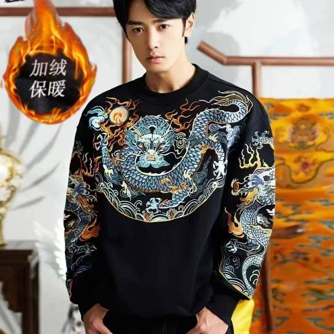 2023中国风国潮新款男士长袖龙图中国龙袍休闲秋冬潮龙图案卫衣