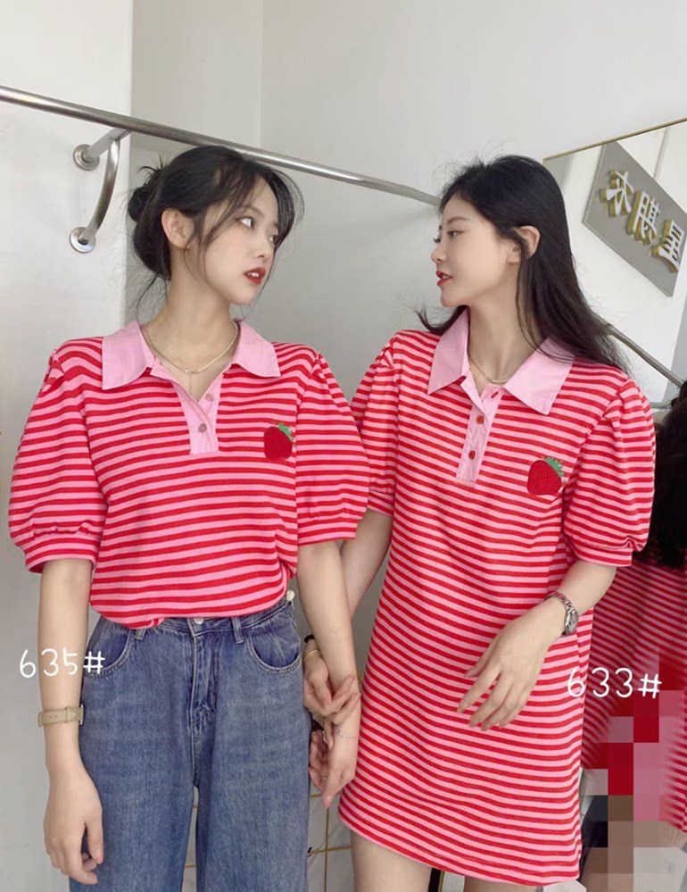 2025夏季新款韩版宽松休闲百搭显瘦泡泡袖条纹草莓poloT恤女棉质