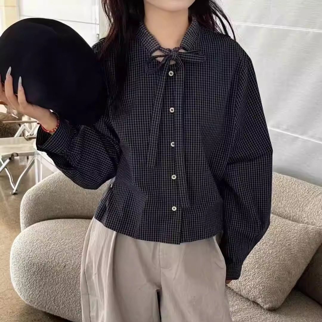 2025春季新款格子蝴蝶结褶邹翻领长袖衬衫女暗格纹衬衣