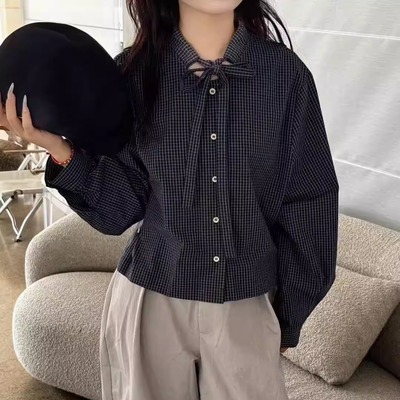 2025春季新款格子蝴蝶结褶邹翻领长袖衬衫女暗格纹衬衣