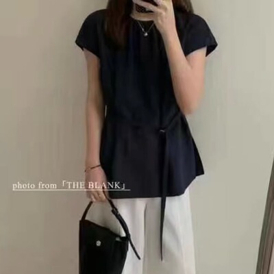 2025夏韩版时尚百搭圆领小飞袖宽松显瘦系带收腰衬麻棉简单上衣潮