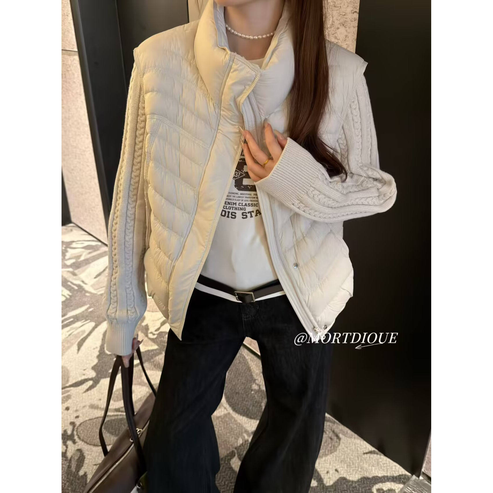 欧货立领轻薄款假两件羽绒服女2026冬新款90白鸭绒针织绞花短外套
