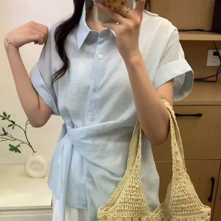韩版百搭翻领系带收腰显瘦无袖衬衫女2025夏季新款洋气小衫上衣