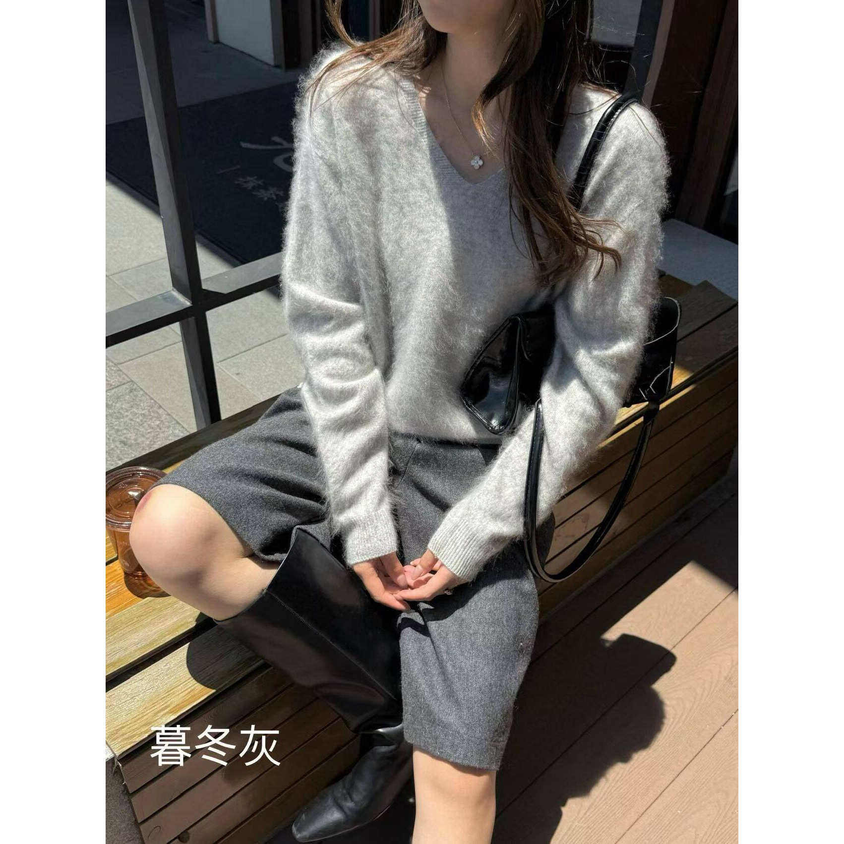 独爱气质~款软糯90分绵羊毛山羊绒V领宽松针织衫慵懒风毛衣打底衫