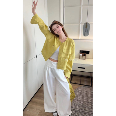 亚麻开衫欧货2026春新款 时尚显瘦圆领单排扣宽松外套女潮