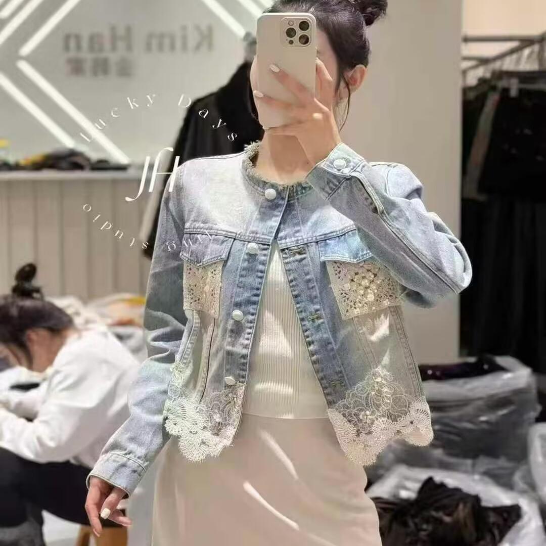 蕾丝花边牛仔外套2025春季新款水洗做旧短款欧美街头时髦显瘦上衣