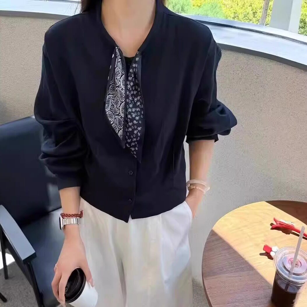 25秋新款韩版时尚显瘦V领长袖丝巾衬衫女宽松显瘦减龄外套上衣