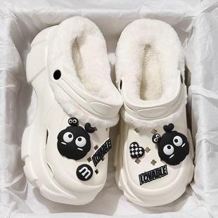 加绒洞洞鞋女款冬季2024新款厚底增高外穿护士毛毛棉拖鞋女士冬天