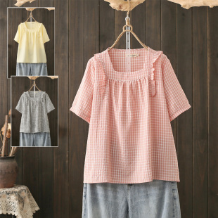 衬衫 夏季 宽松显瘦棉麻遮肚上衣方领格子短袖 200斤胖mm娃娃衫 大码