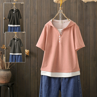 t恤宽松遮肚显瘦假两件洋气百搭半袖 200斤连帽短袖 上衣潮 大码 夏季