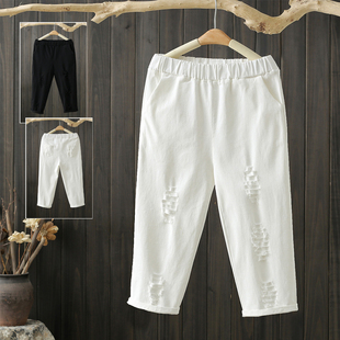 女宽松加肥加大胖妹妹220斤mm破洞休闲裤 高弹七分裤 女潮 大码 夏季