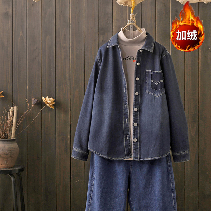秋冬大码200斤时尚休闲复古牛仔衬衫百搭显瘦加绒保暖牛仔衬衣潮
